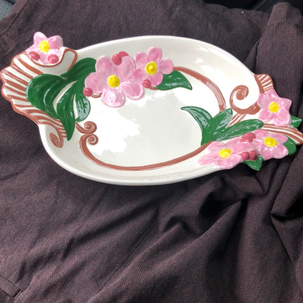 Vtg Holland Mold Ceramic  Platter Flowers 12" Long